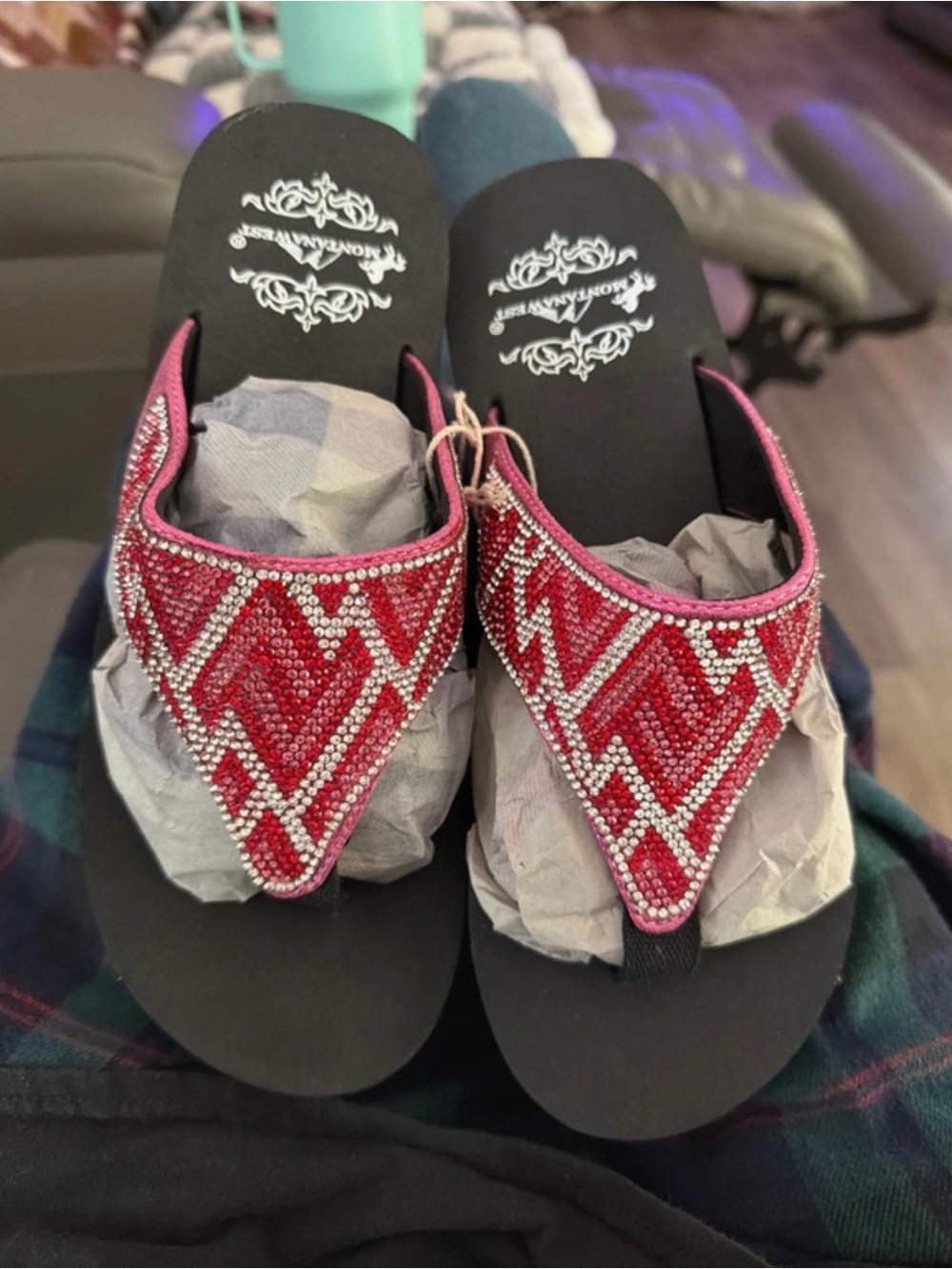Embellished Montana West red Crystal Thong Sandals - Women